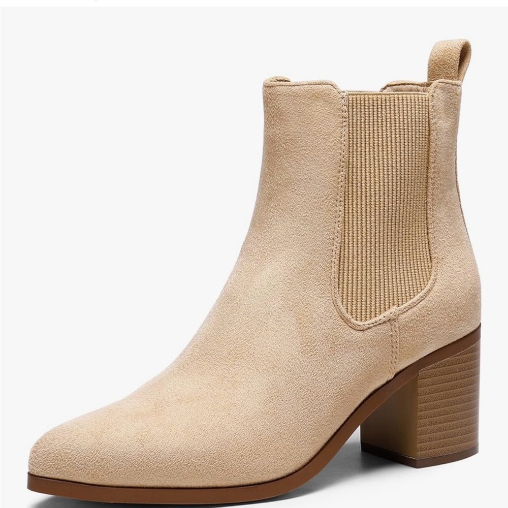 Suede Chelsea Block Heel Ankle Boot - Beige